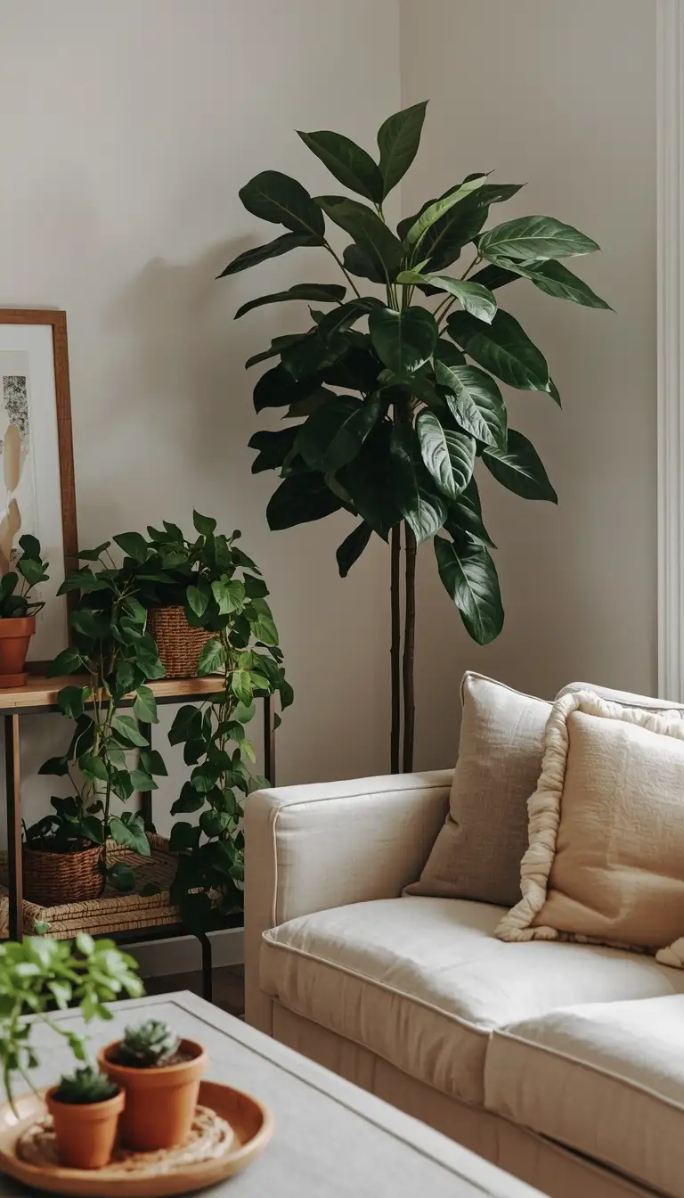 Indoor plants including fiddle leaf fig and pothos in a cozy spring living room with terracotta pots