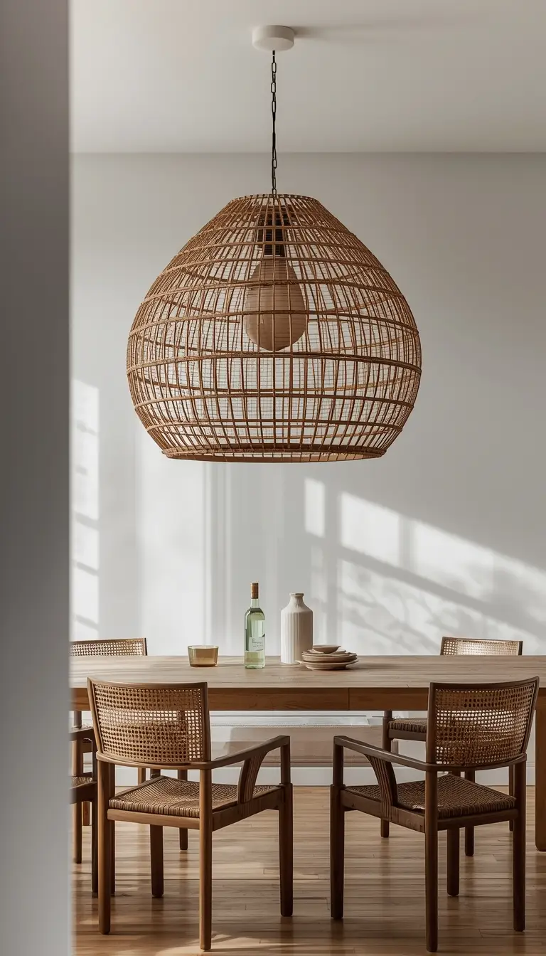 Large woven rattan pendant light hanging over minimalist dining table