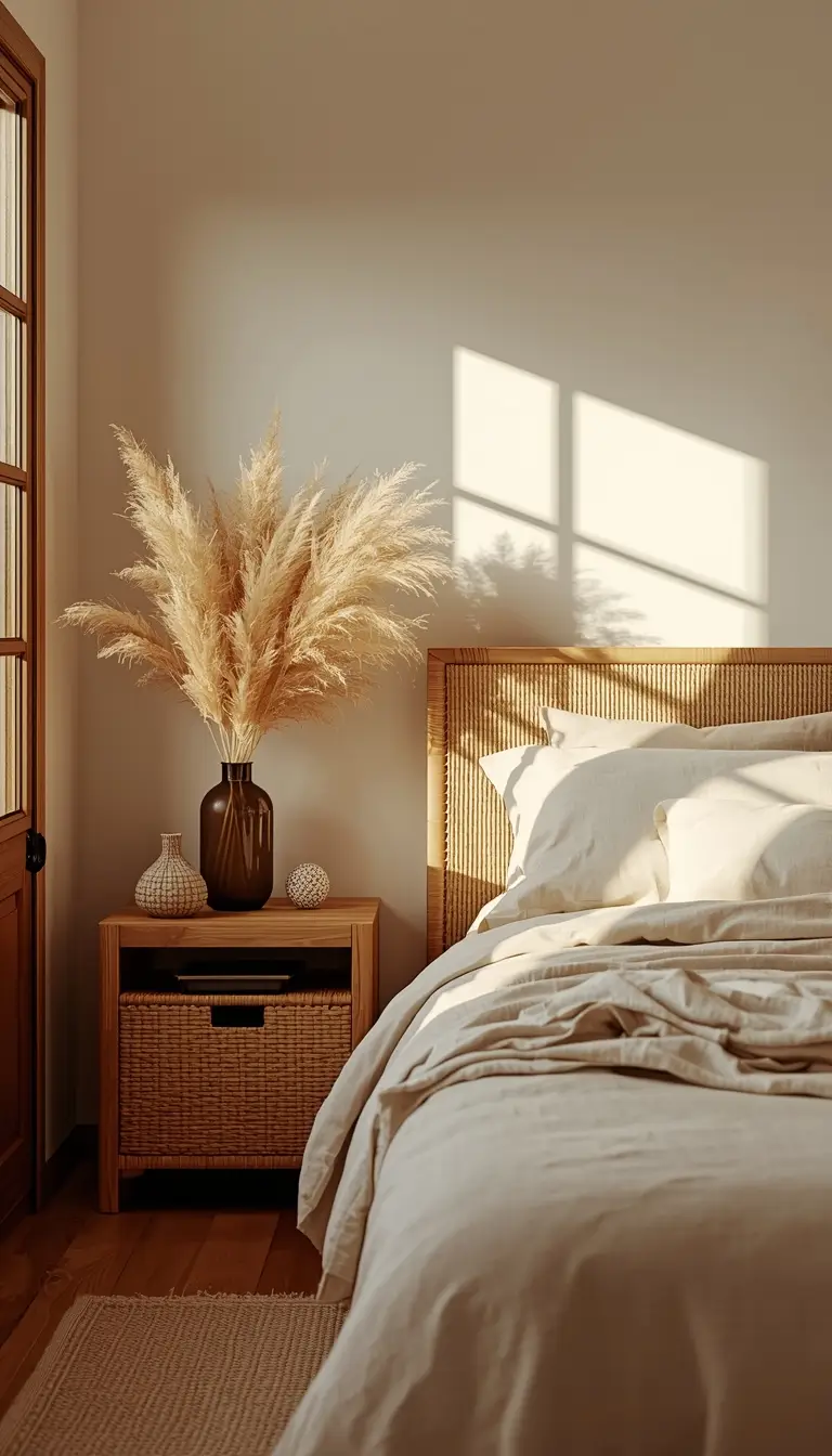 Light oak wood furniture and rattan nightstand in a cozy organic modern small bedroom with linen bedding
