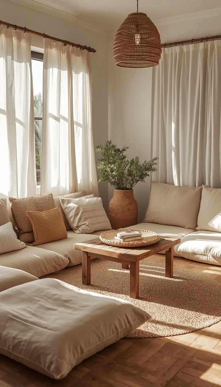 Low floor seating with cushions and wooden table in Mexican style nook