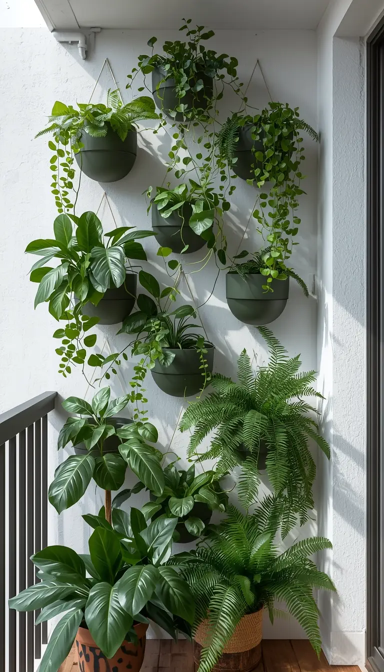 Lush vertical wall planter on apartment balcony with cascading pothos, ferns, and succulents