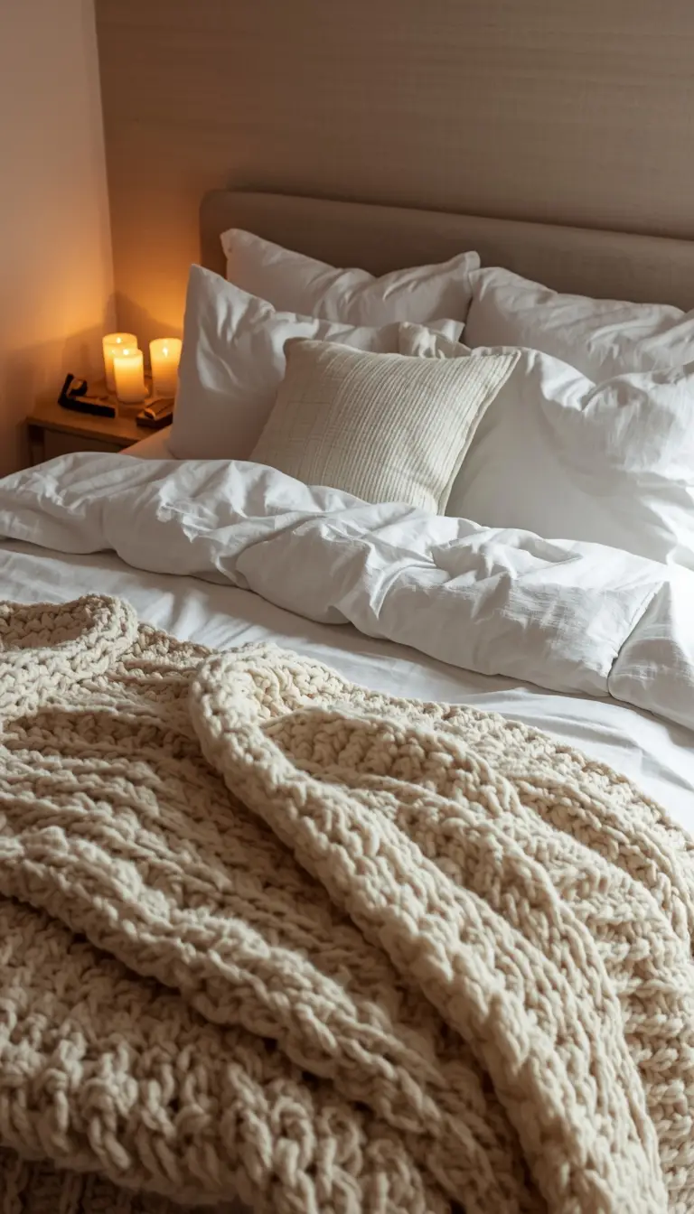 Luxuriously layered white and cream bedding with chunky knit throw blanket in a cozy small bedroom