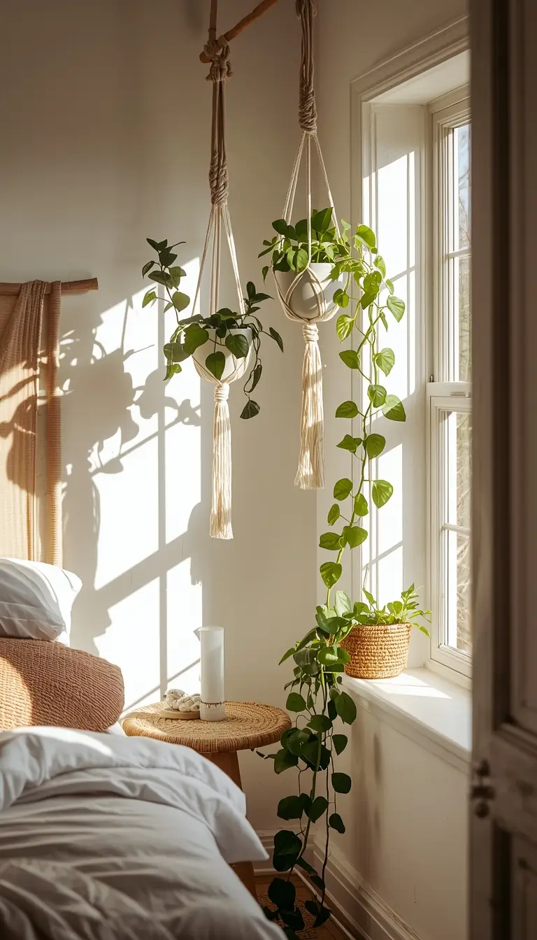 Macrame hanging plant holders with trailing pothos plants in a boho cozy small bedroom near the window