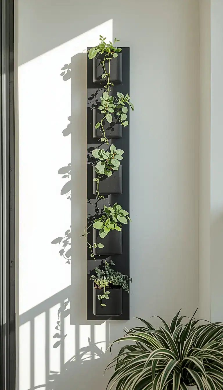 Matte black vertical wall planter with trailing pothos on minimalist balcony white wall