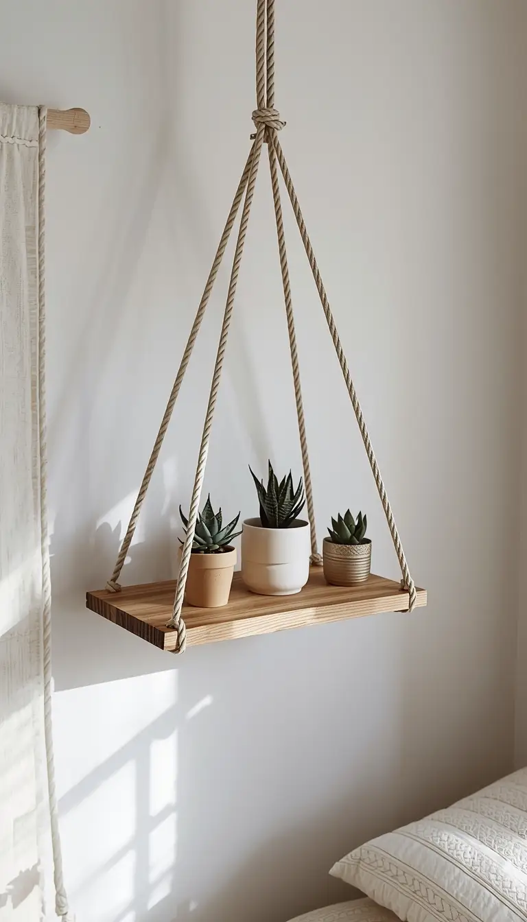 Minimalist DIY rope hanging shelf with wooden plank holding succulents suspended from a white ceiling