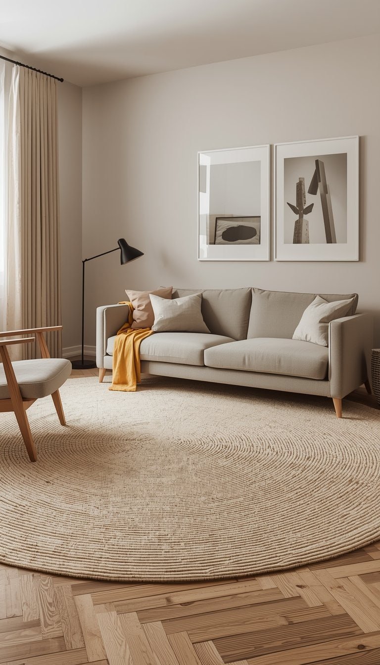 Minimalist Scandinavian living room with a single large natural wool rug anchoring all the furniture, front legs on rug, in warm greige tones