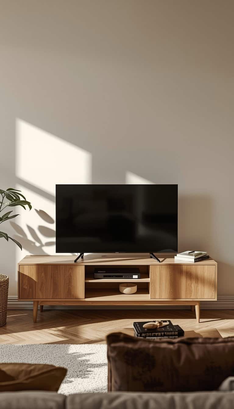 Minimalist living room lit at three heights with arc floor lamp, table lamp, and candles creating warm amber evening atmosphere