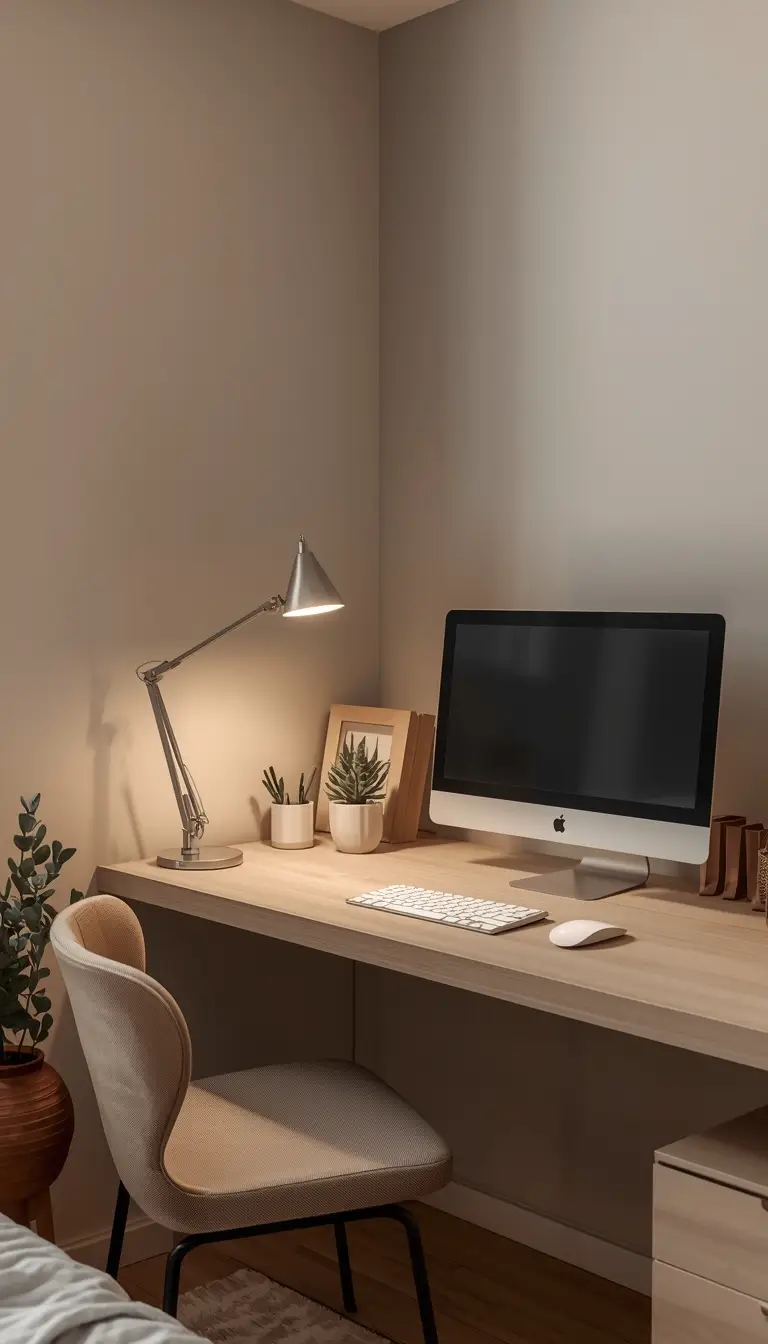 Minimalist dorm desk integrated into the living area with a monitor arm, LED lamp, plant, and organized stationery in warm modern tones.