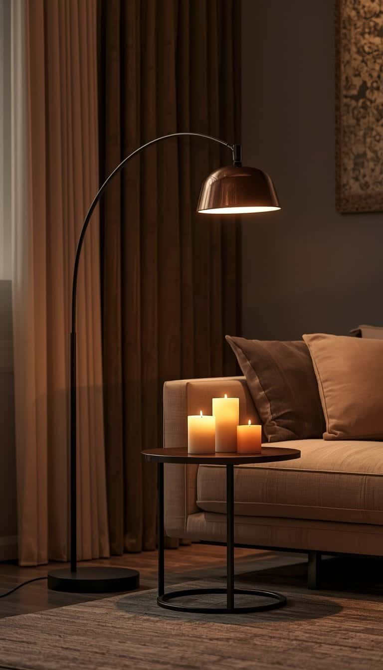 Minimalist living room lit at three heights with arc floor lamp, table lamp, and candles creating warm amber evening atmosphere