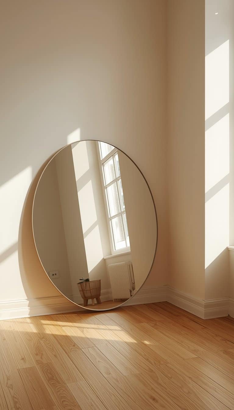 Minimalist living room with a large round leaning mirror reflecting and doubling window light, warm glowing atmosphere, cream walls