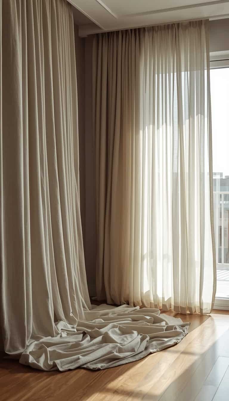Minimalist living room with floor-to-ceiling linen curtains softly pooling on hardwood floor in diffused morning light