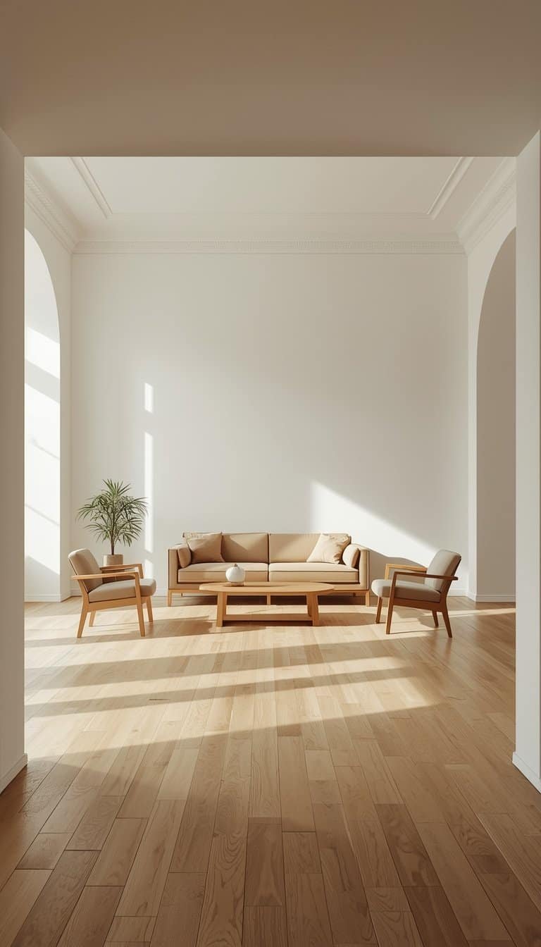 Minimalist living room with furniture floated away from walls, showing floor space on all sides, natural light, white walls, and oak floors