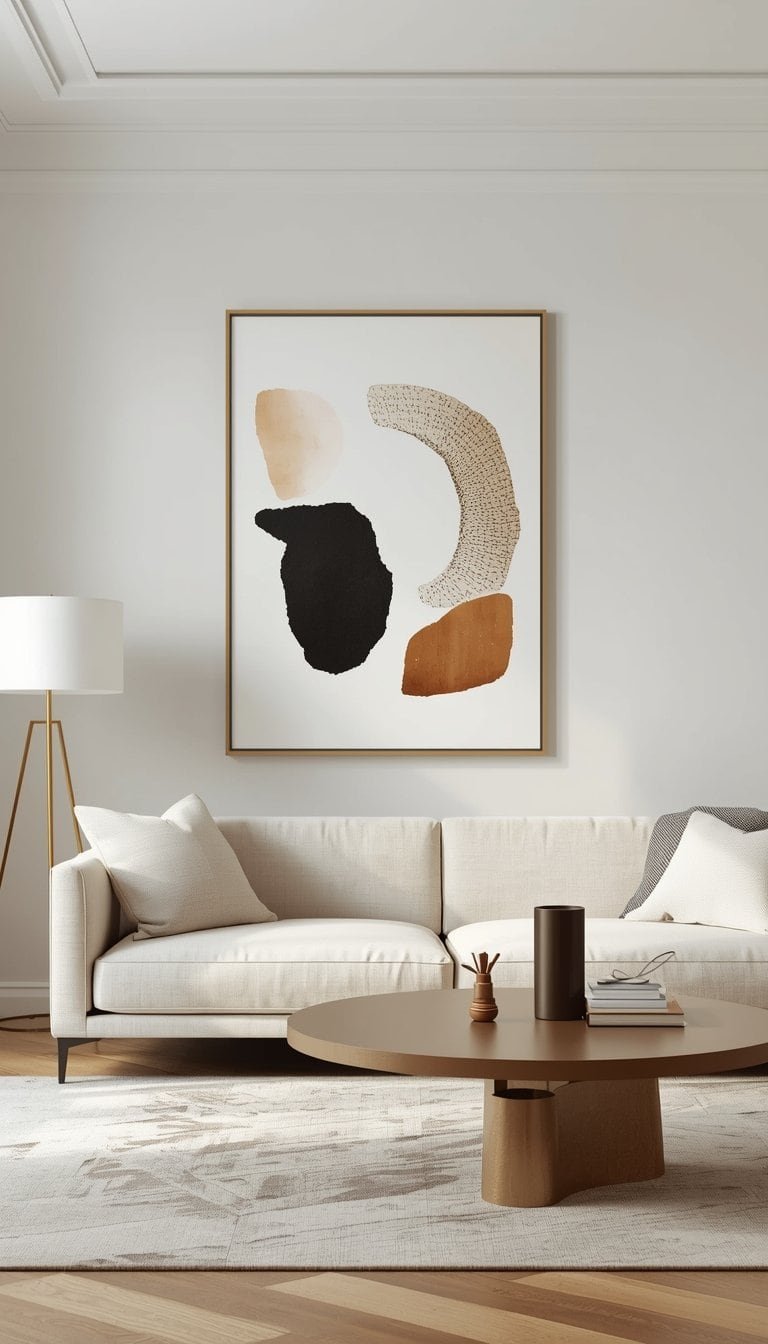Minimalist living room with one large abstract art print in a thin gold frame centered above a neutral sofa on white walls