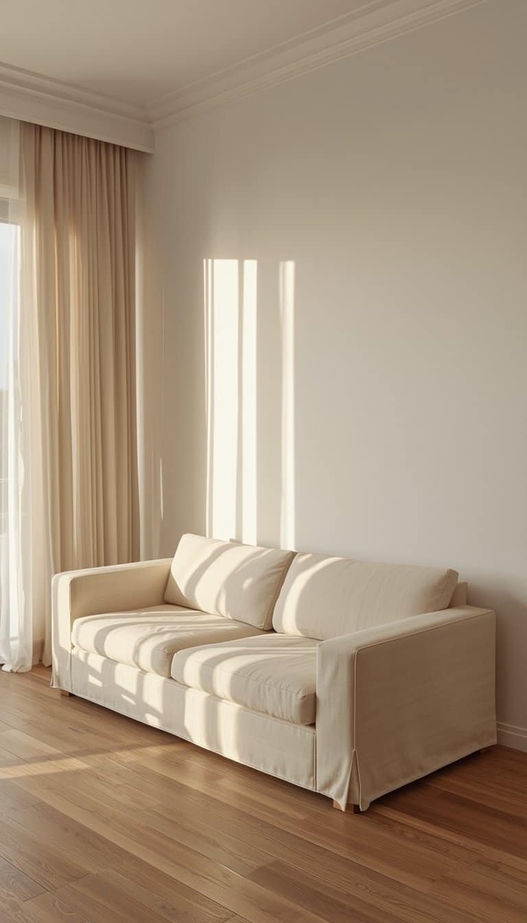 Minimalist living room with oversized cream linen sofa, oak hardwood floors, and sheer white curtains in soft morning light
