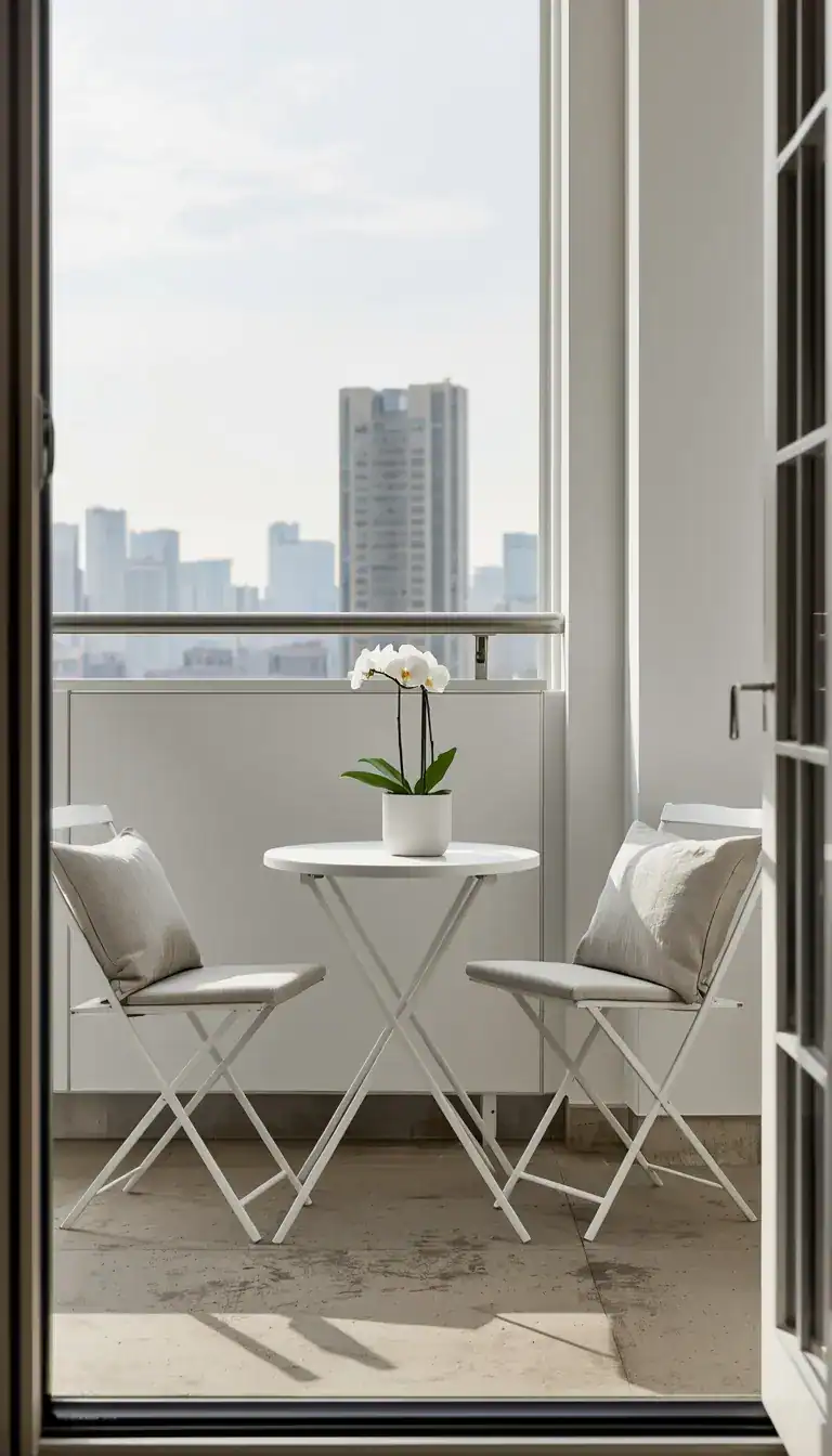 Minimalist small balcony folding bistro table with white chairs and orchid in morning light