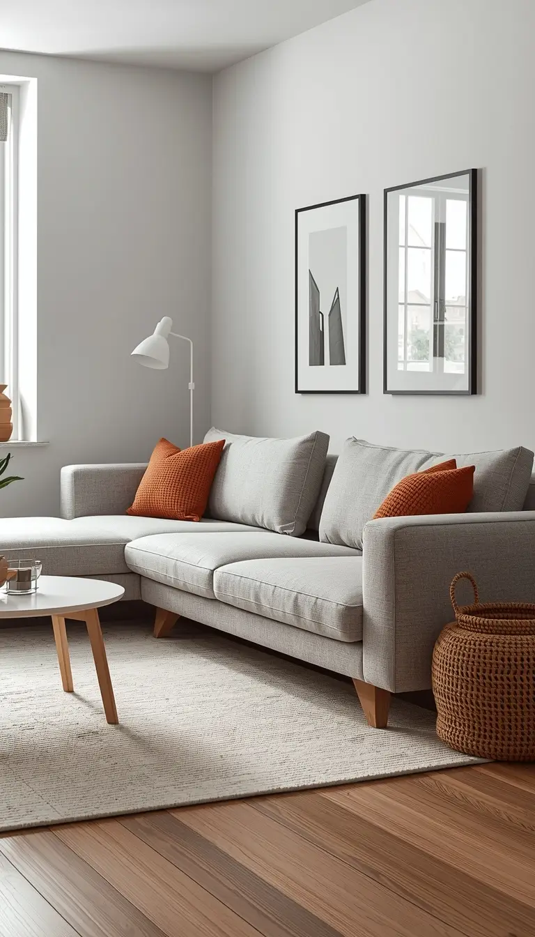 Modern dorm living space with a gray modular loveseat, terracotta throw pillows, and a small white coffee table in a Scandinavian-inspired setup