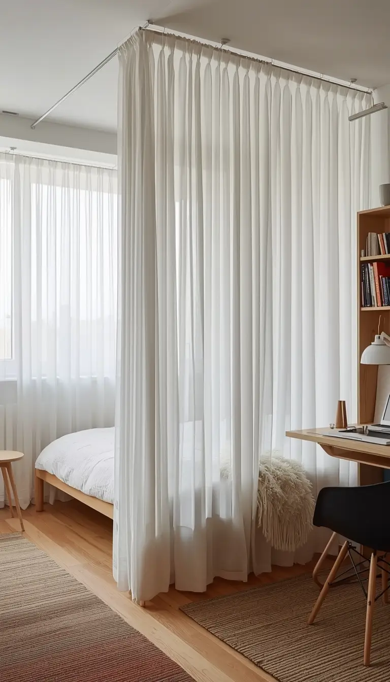 Modern dorm room with sheer white curtains as a stylish room divider separating sleeping and living areas in a Scandinavian-inspired setup.
