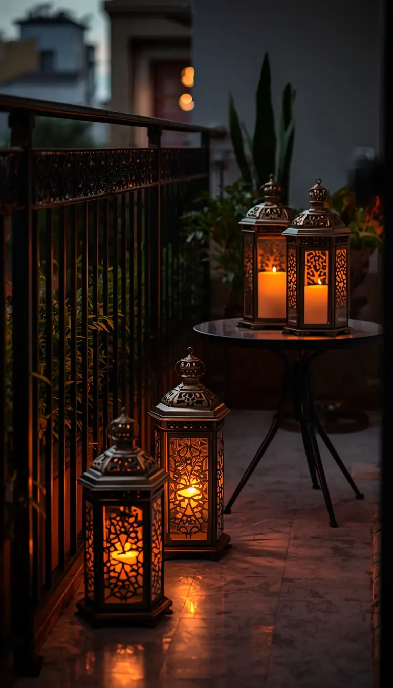 Moroccan metal lanterns and glass hurricane candles on an apartment balcony at dusk