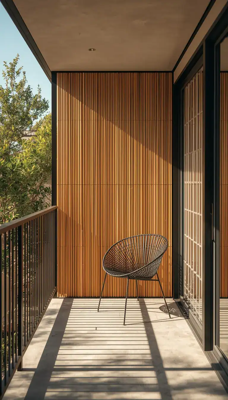 Natural bamboo privacy screen filtering afternoon sunlight on minimalist Zen-inspired balcony