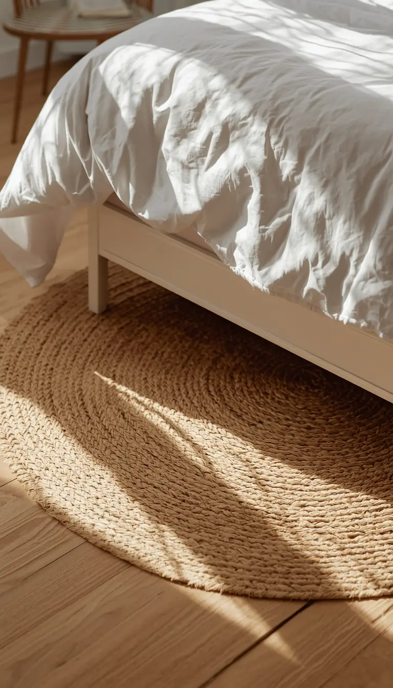 Natural jute woven area rug beneath a white bed frame in a bright spring bedroom with morning light