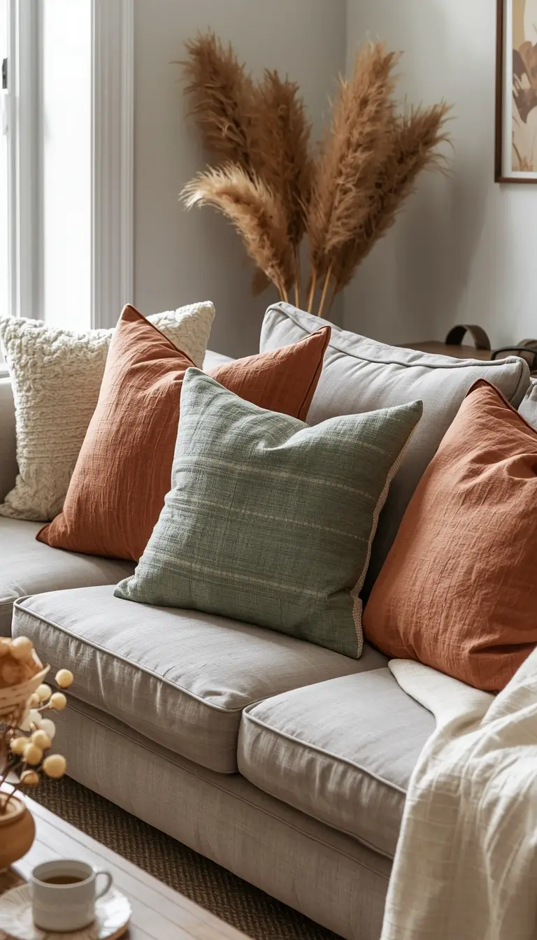 No-sew DIY throw pillow covers in earthy terracotta and sage tones layered on a cozy neutral sofa