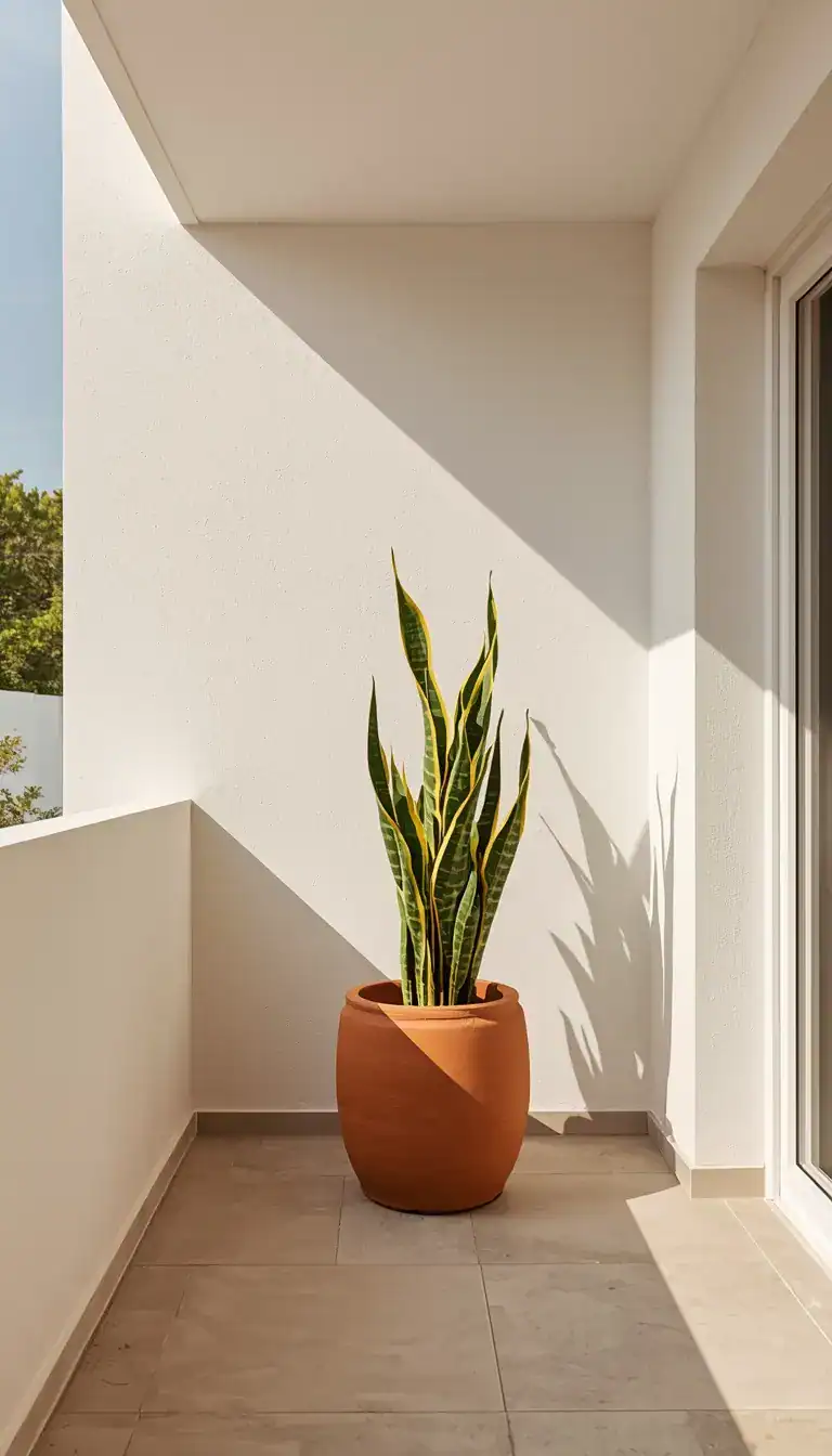 Oversized terracotta planter with snake plant on minimalist balcony against clean white wall
