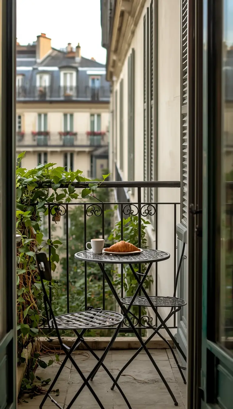 Parisian bistro set on a small apartment balcony with morning coffee and green climbing plants