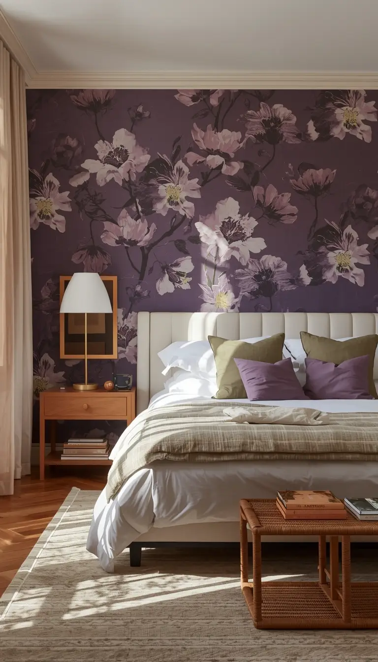 Purple botanical floral wallpaper accent wall in a bedroom with white upholstered bed frame