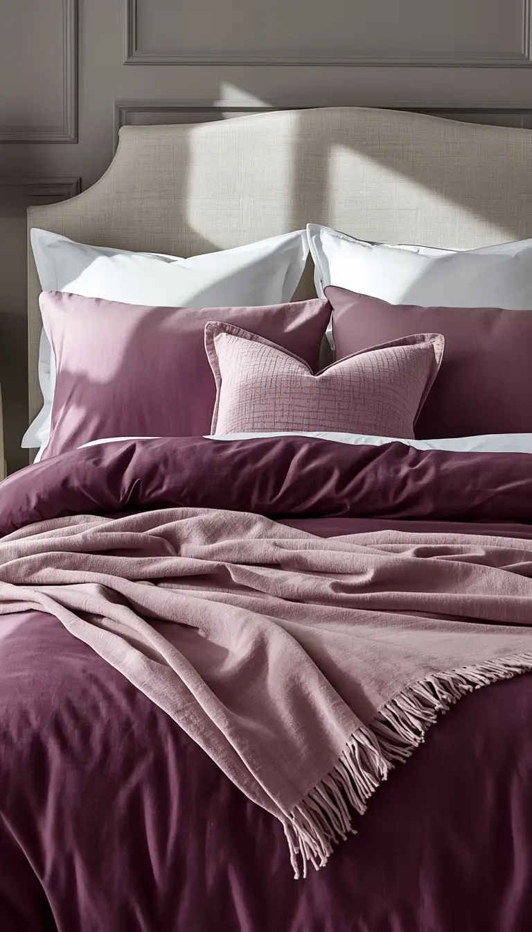 Purple ombre gradient bedding with layered velvet pillows and dusty mauve throw in a luxurious bedroom