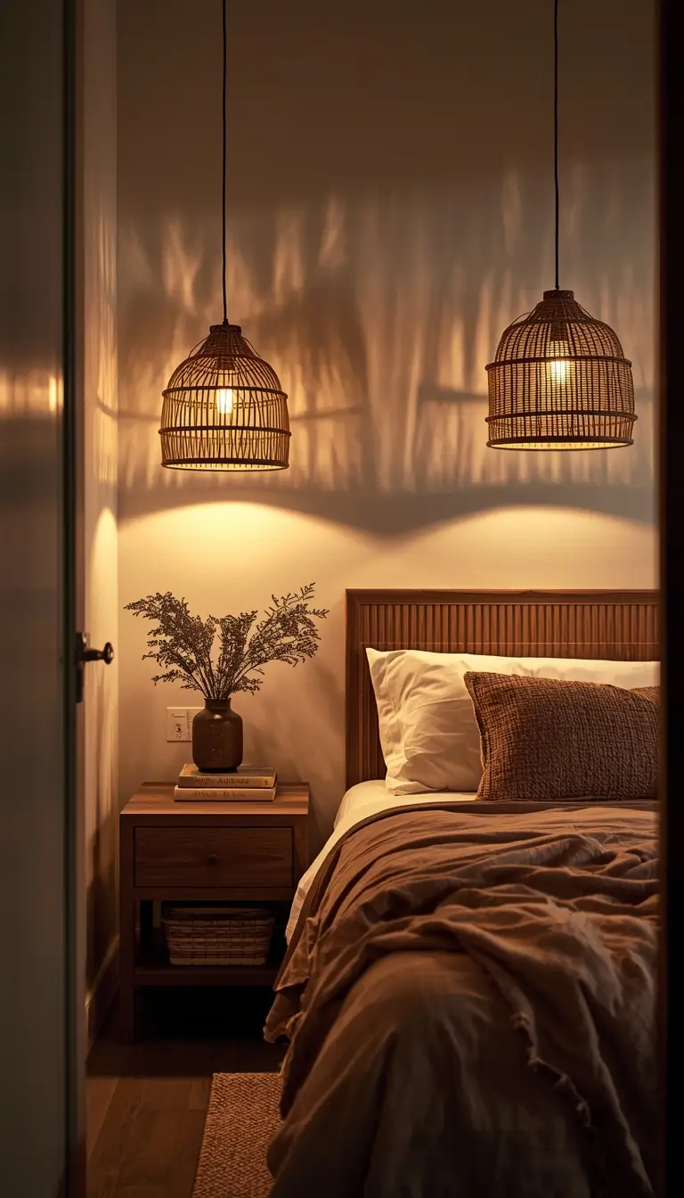 Rattan pendant lights hanging above bedside tables in a cozy small bedroom with warm golden lighting