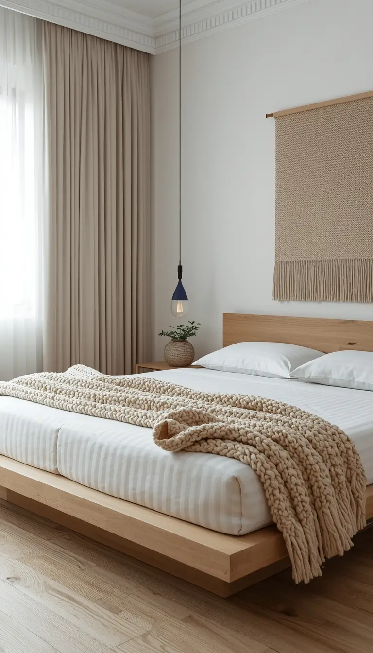 Raw oak bed frame with chunky knit blanket and woven wall hanging.