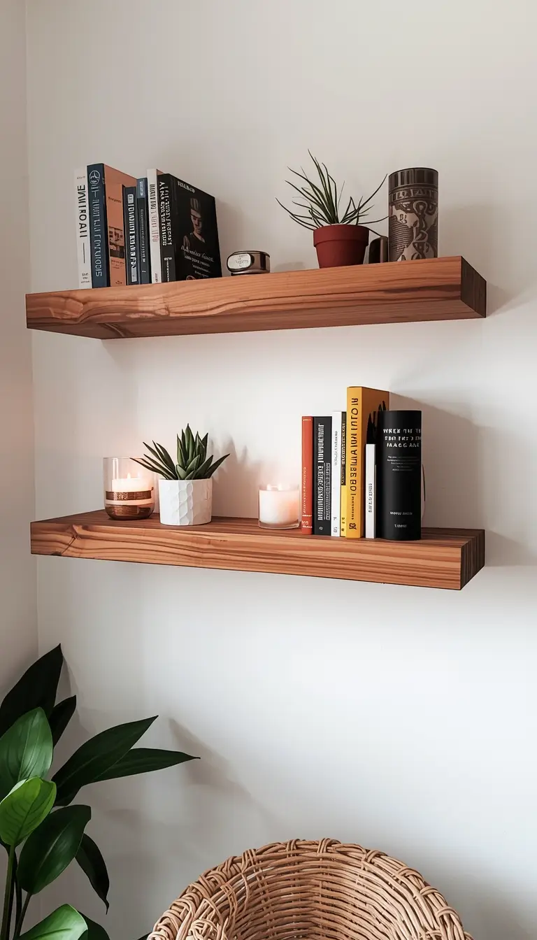 Reclaimed wood floating shelves on a white wall styled with books, plants, and candles in a cozy room