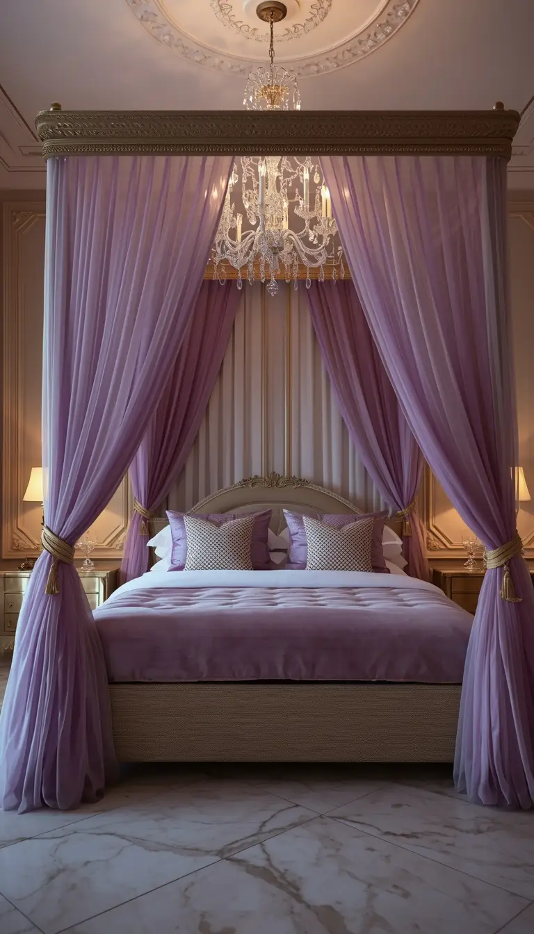 Romantic four-poster canopy bed with sheer purple flowing curtains and crystal chandelier
