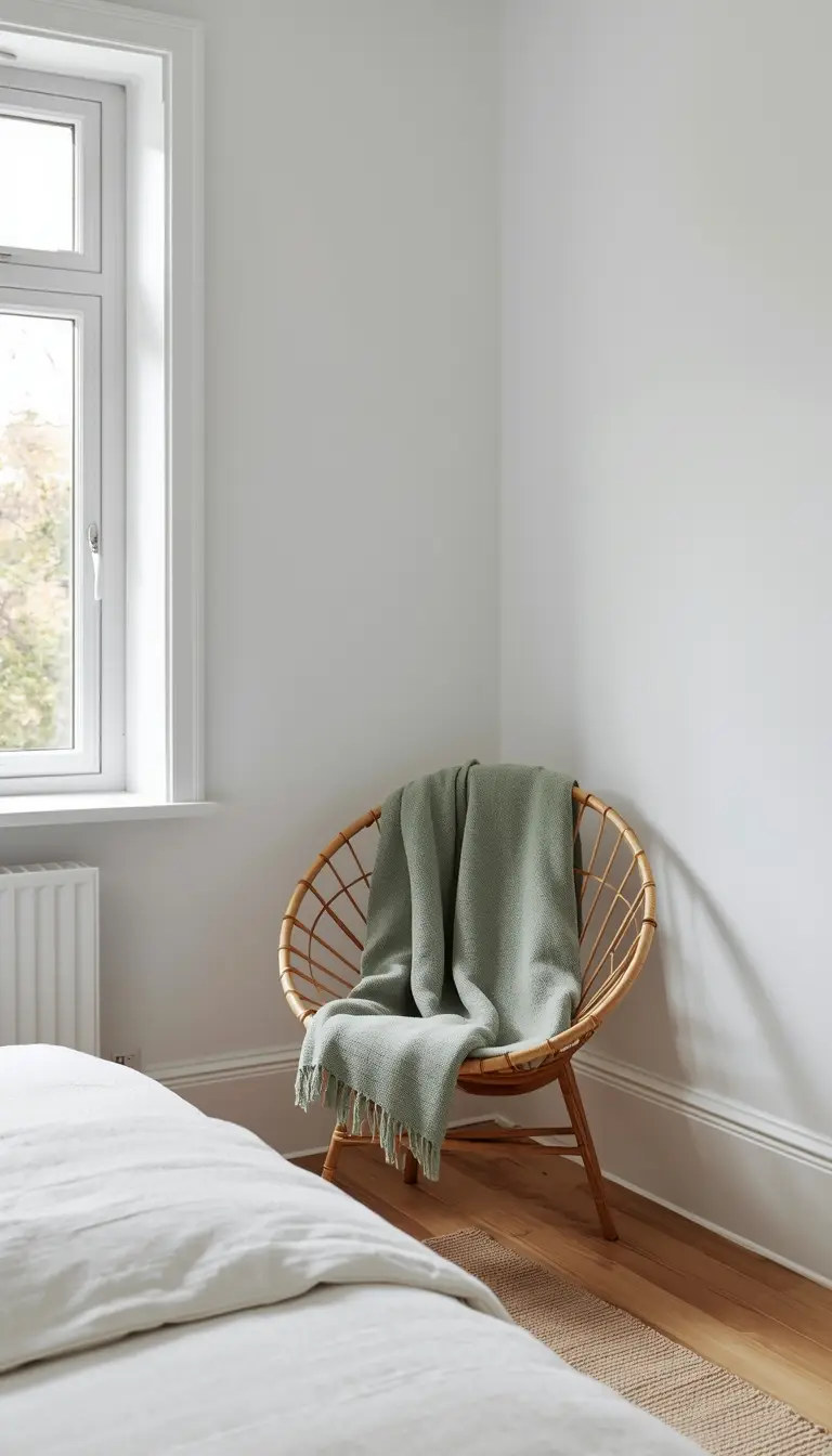Round rattan accent chair with green throw in a bright spring bedroom corner with natural light and white walls