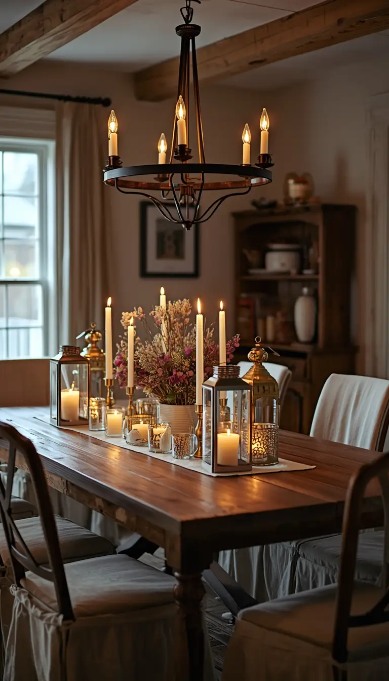 Rustic boho farmhouse dining room with wrought iron chandelier, pillar candles, and dried floral centerpiece on a wooden farmhouse table.