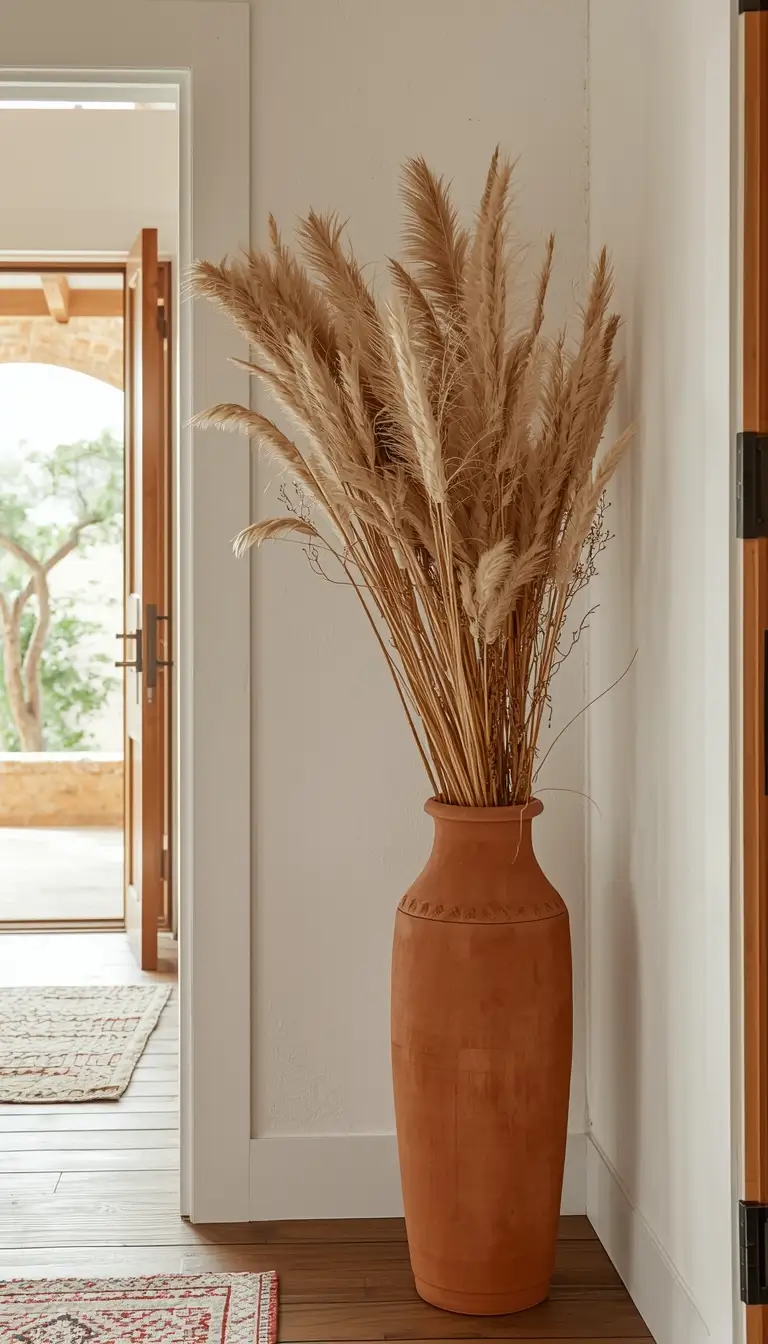 Rustic boho farmhouse entryway featuring a terracotta vase with dried pampas grass and wild botanicals against whitewashed walls.