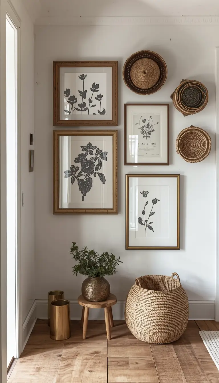 Rustic boho farmhouse hallway gallery wall with vintage wooden frames, botanical prints, pressed flower art, and woven baskets on whitewashed walls.