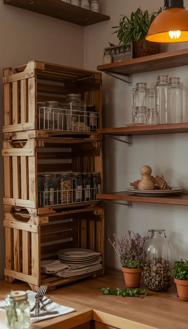 Rustic boho farmhouse kitchen corner with stacked vintage wooden crates as open shelving filled with jars, dried herbs, and potted plants.
