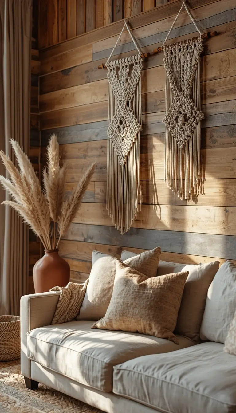 Rustic boho farmhouse living room with reclaimed wood shiplap accent wall, macramé hangings, and dried pampas grass in golden light.