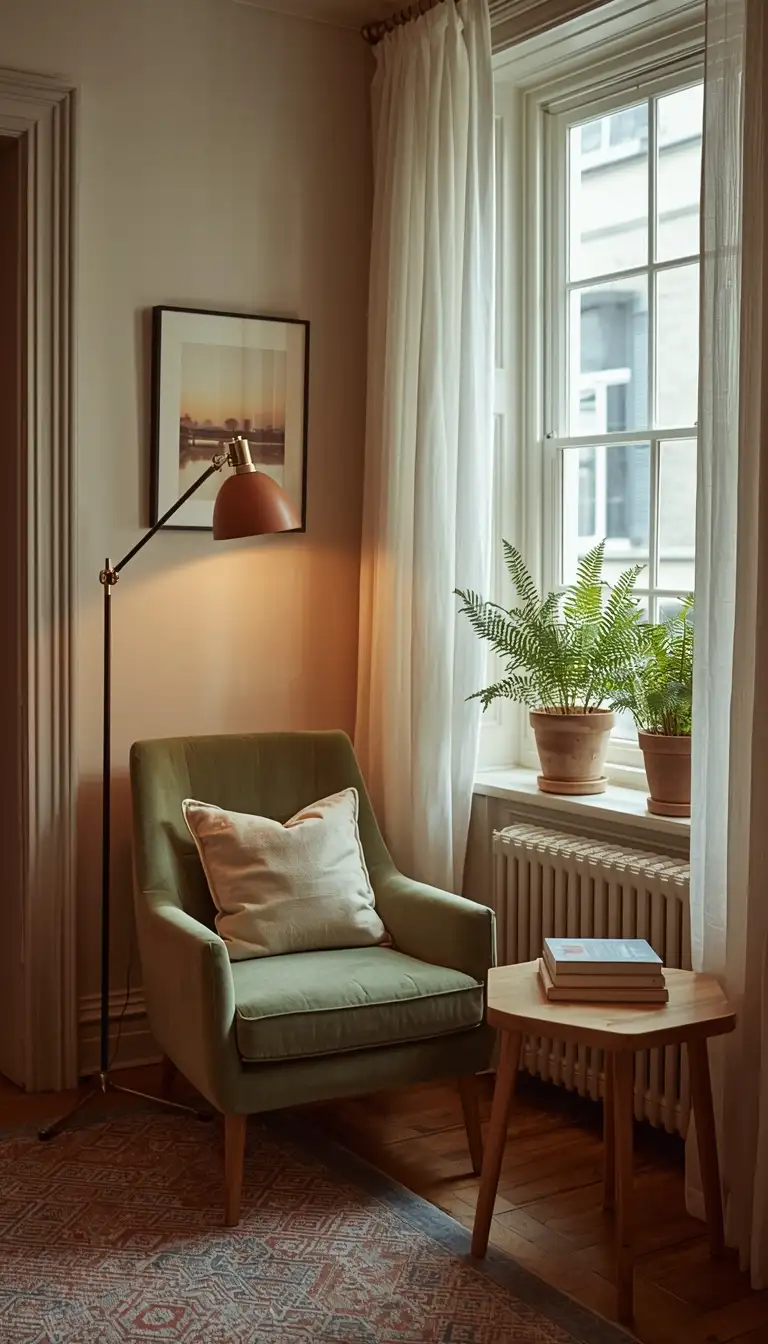 Sage green velvet accent chair reading nook with floor lamp and potted fern in spring living room