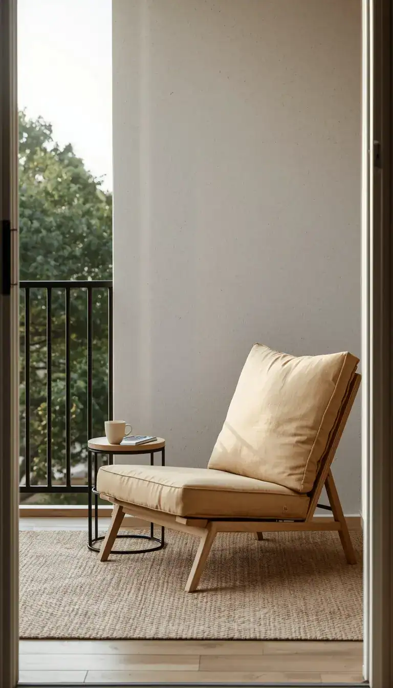 Sand linen low-profile floor chair on minimalist balcony with ceramic mug and book in morning light