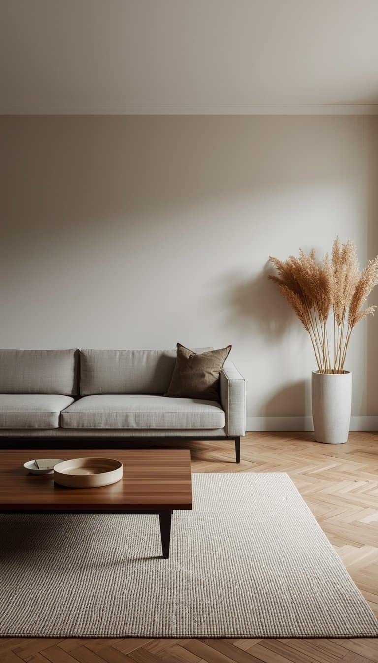 Scandinavian minimalist living room with sofa on longest wall, low wooden coffee table, and dried pampas grass in concrete planter