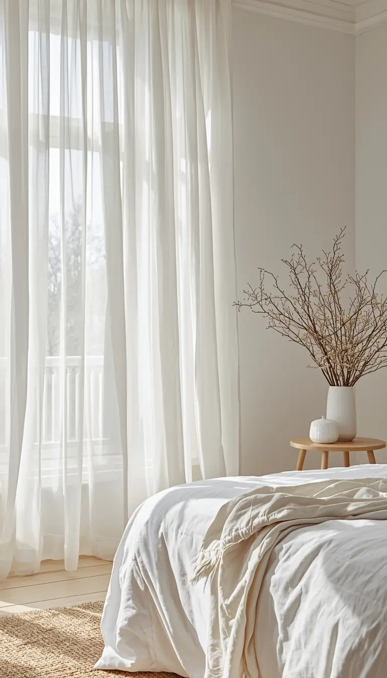 Sheer white linen curtains in a bright spring bedroom with natural light and Scandinavian minimal decor