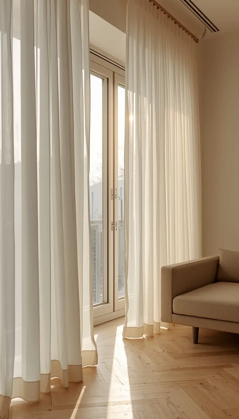 Sheer white linen curtains in a bright spring living room with golden morning light