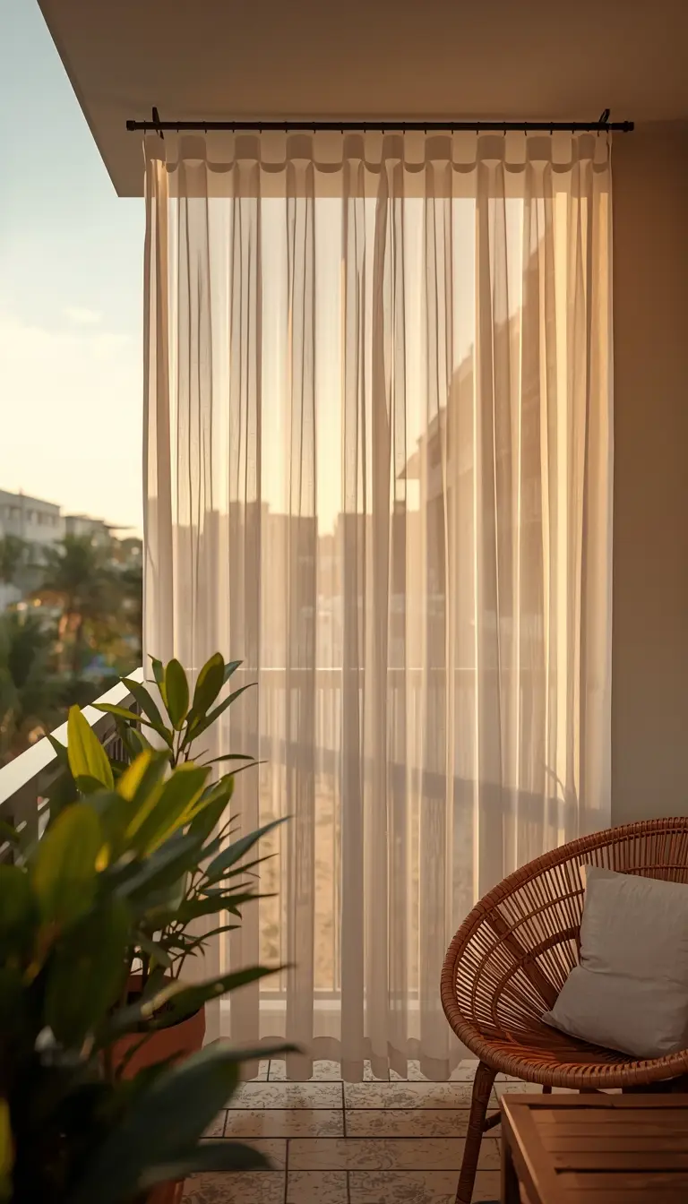 Sheer white outdoor curtains on apartment balcony with rattan furniture and warm golden light