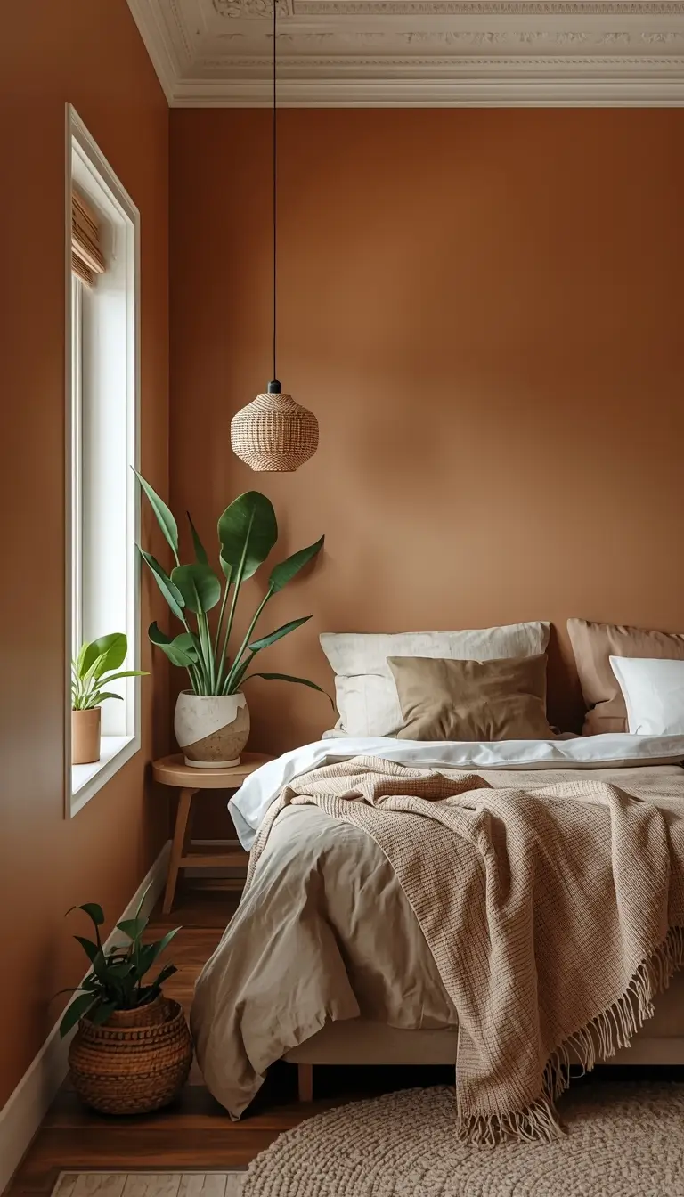Small bedroom painted in warm greige with white trim, linen bedding, and minimal organic decor
