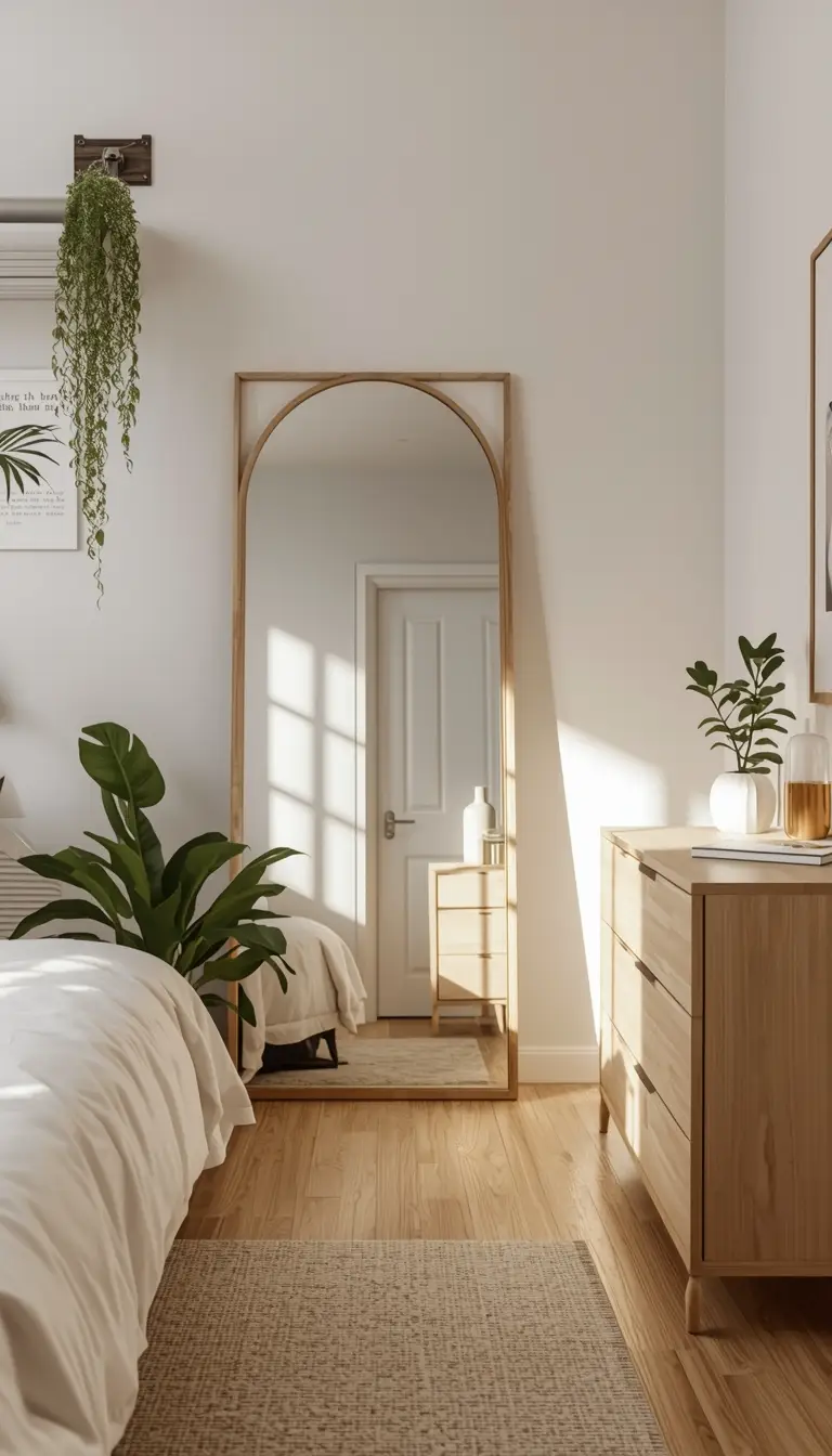 Small dorm living room with a large round leaning mirror creating a light and spacious illusion with minimalist white and wood decor.