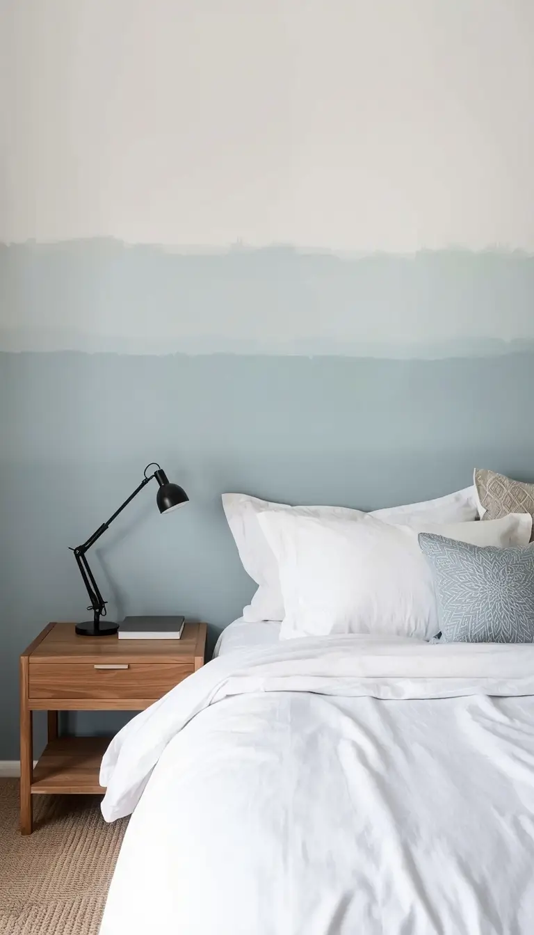 Soft dusty blue and white ombre painted accent wall behind a white bedding bed in a serene minimalist bedroom