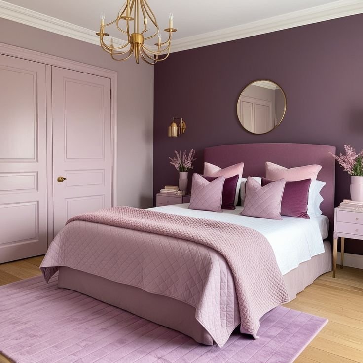 Soft lavender bedroom walls with white shiplap accent wall and white linen bedding