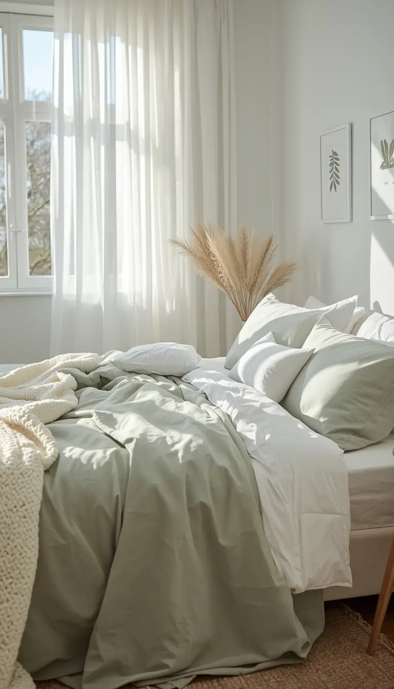 Soft sage green linen bedding on a spring bedroom bed with natural morning light and white curtains